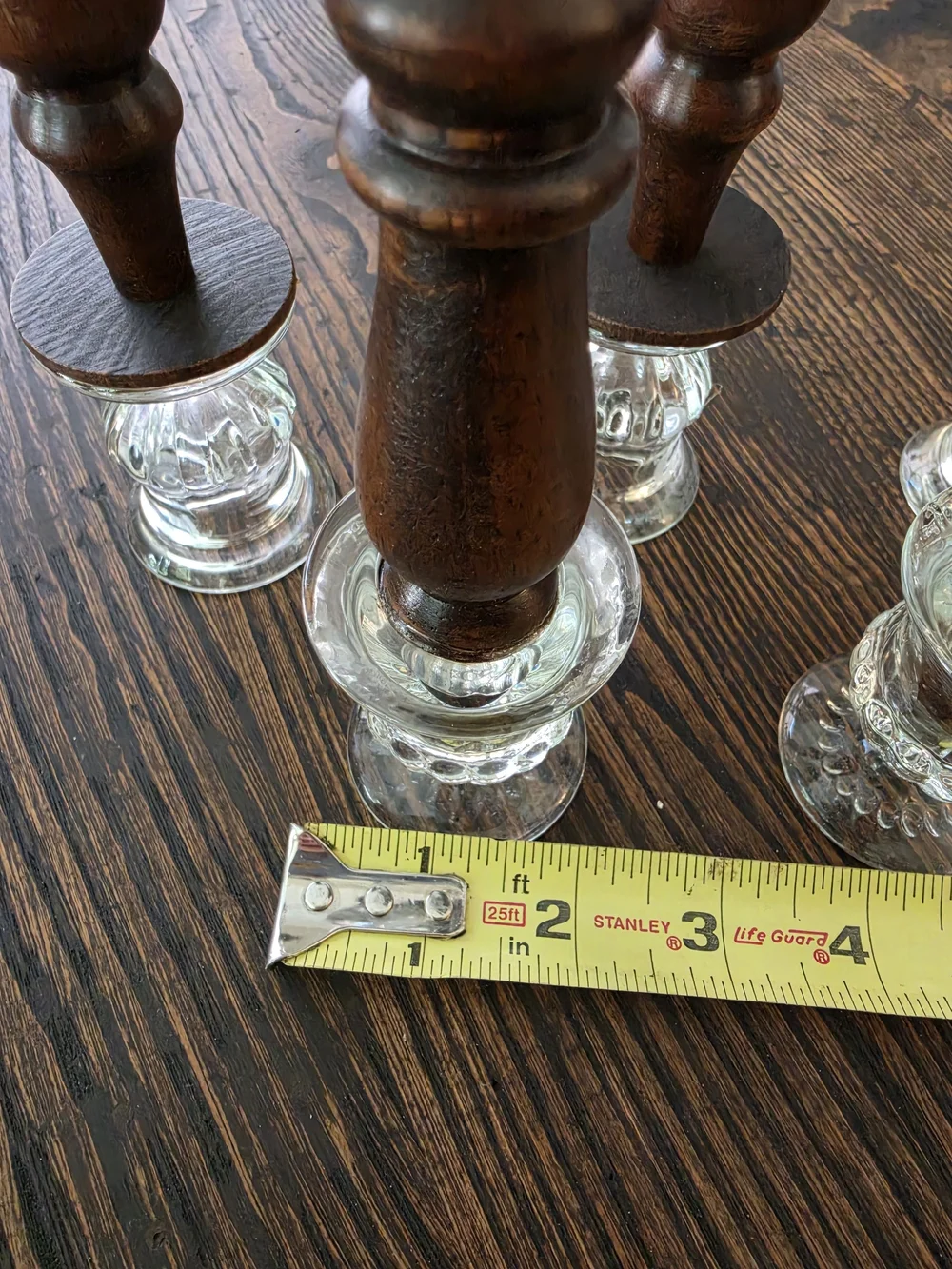 Set of 5 taper candlestick holders with turned wood stems, gold-tone brass cups